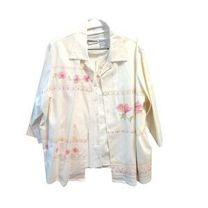 Napa Valley Womens 2pc Set Blazer With Top Egg Shell Size 1X Linen Blend Floral